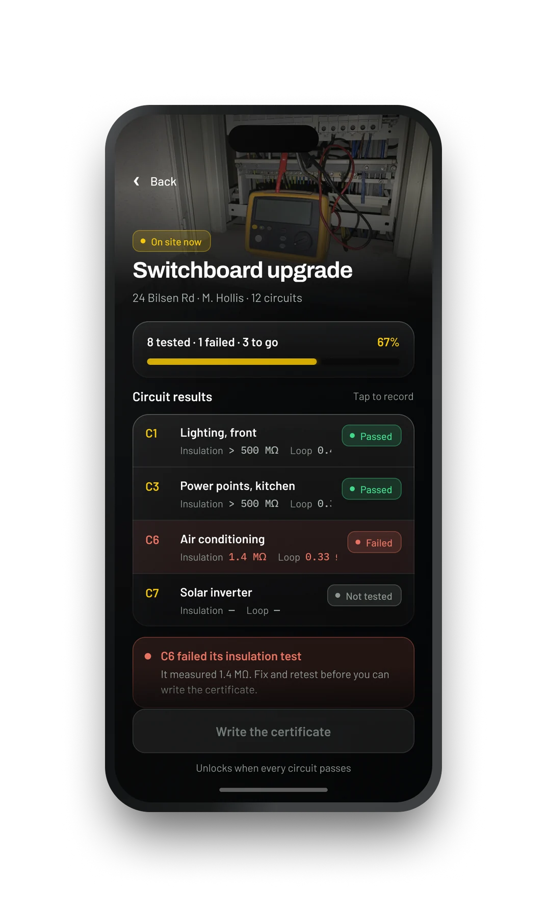 Circuit schedule screen with insulation and loop impedance readings
