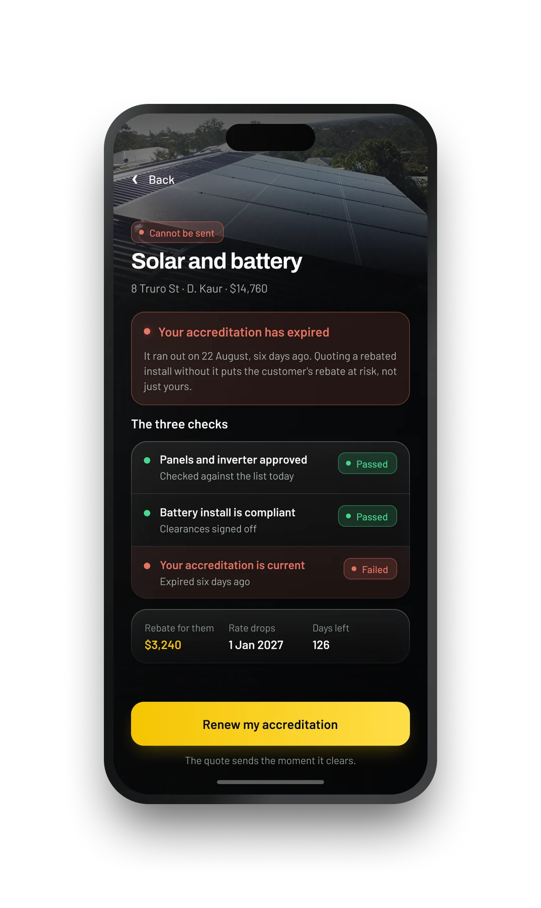 A solar quote blocked because accreditation expired