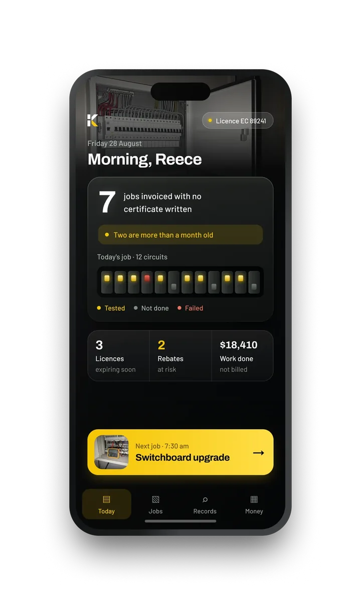 The Kindra Electrical phone home screen showing outstanding certificates and today's circuits