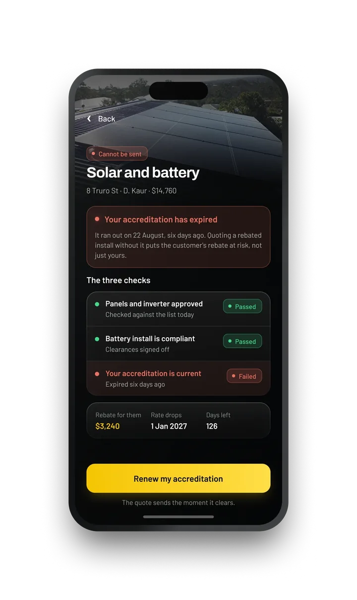 A solar quote blocked because accreditation expired
